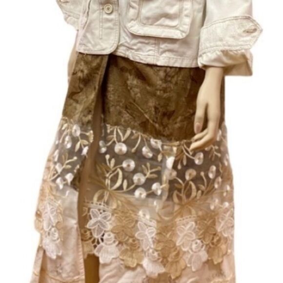 Ivory Denim Brown Stitch Button Down Tiered Lace Long Boho Punk Trench Jacket - Picture 3 of 4